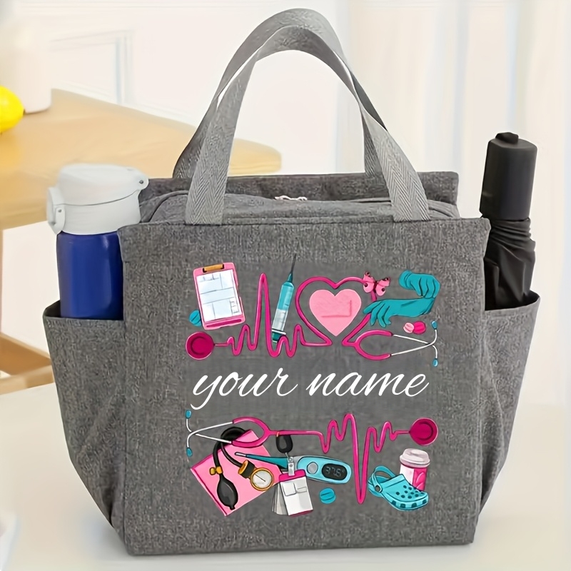 TEMU Customizable Nurse Pattern Theme Bag With Large Capacity - Personalized Name/text Option - Features Ecg And Stethoscope Designs - In