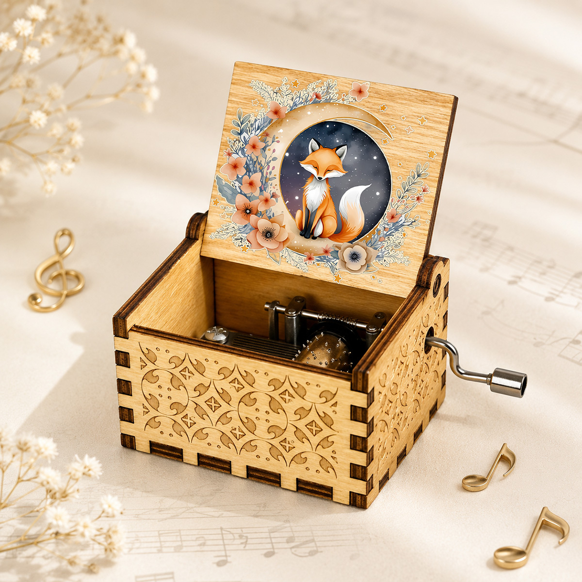 TEMU 1pc Hand-cranked Music Box, "fox Shadow " Design, A Great Item For Home Ambiance, With Floral Clusters And Starry Sky, Chic Appearance Exuding ,