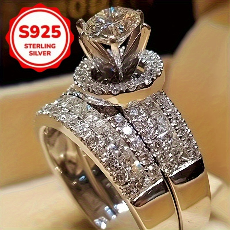 TEMU 2pcs/ Set Elegant And Shiny S925 Women's Fashionable Square Inlaid Synthetic Zirconia Ring - Party Engagement , Female Friend Gift