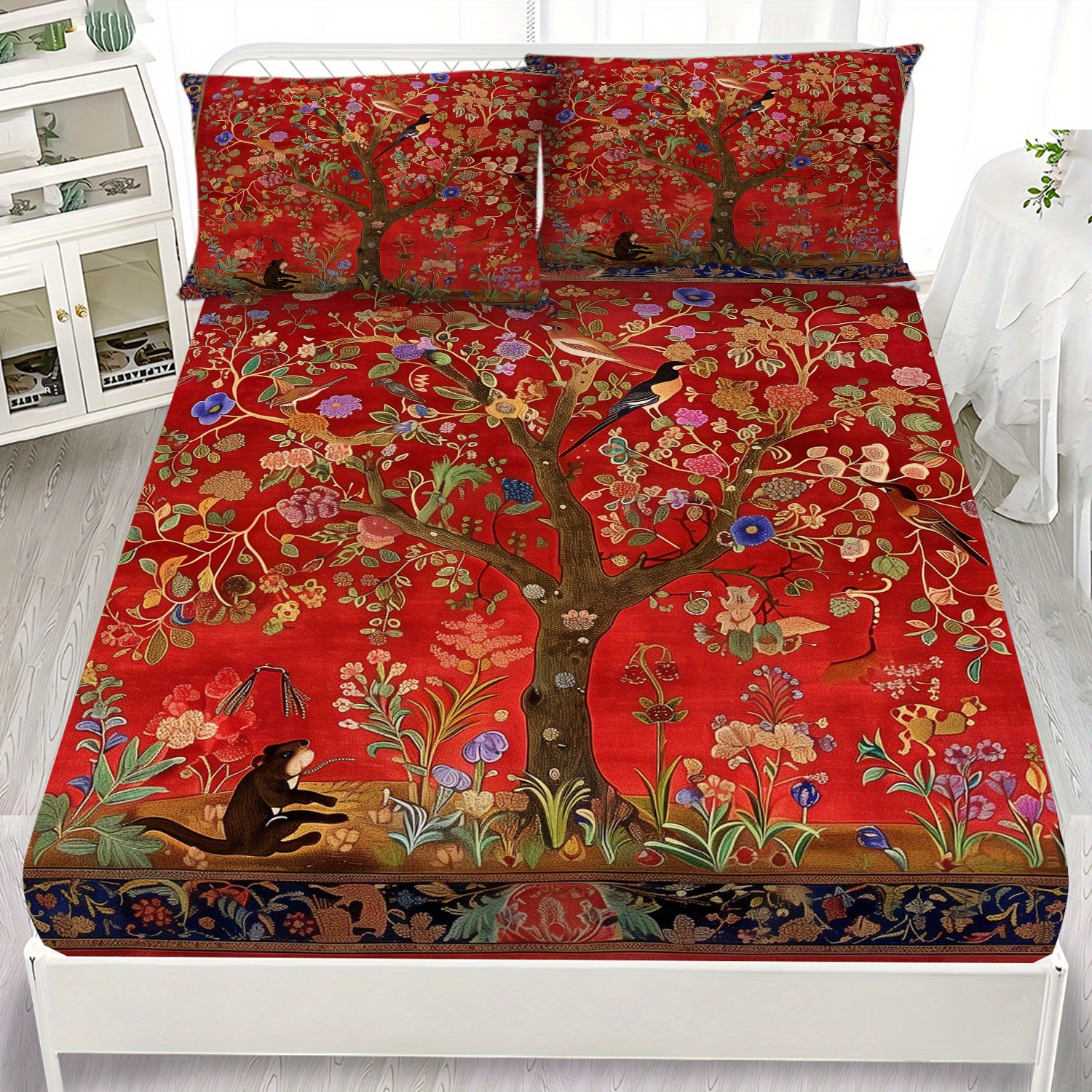 TEMU Latacaca 3pcs Set Of Luxury Fitted Sheets With Red Flower Design, Including 1 Fitted Sheet And 2 Pillowcases, Perfect For Use, Bedding For Home,