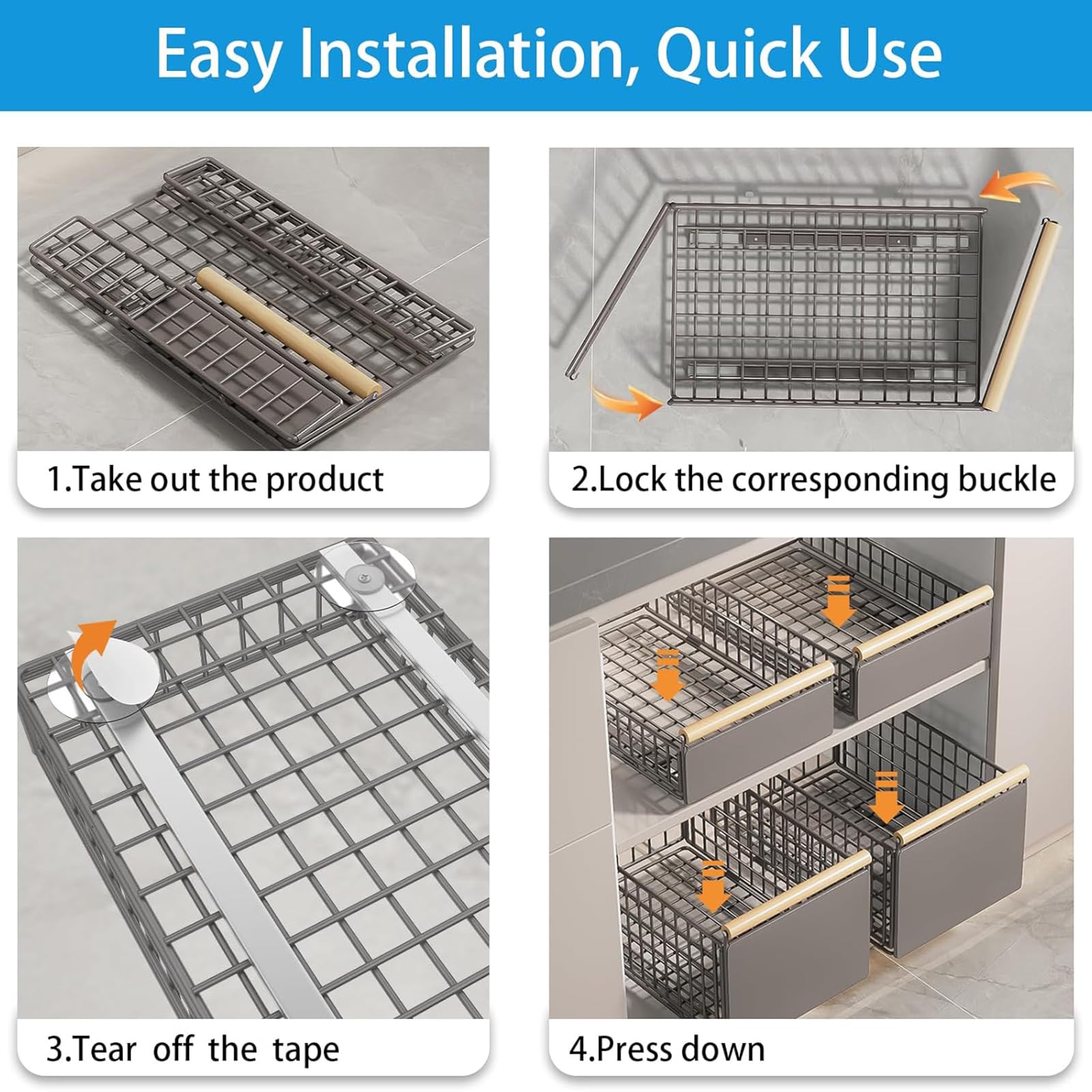 2pcs Metal Pull Out Cabinet Sliding Basket Organiser with Handle