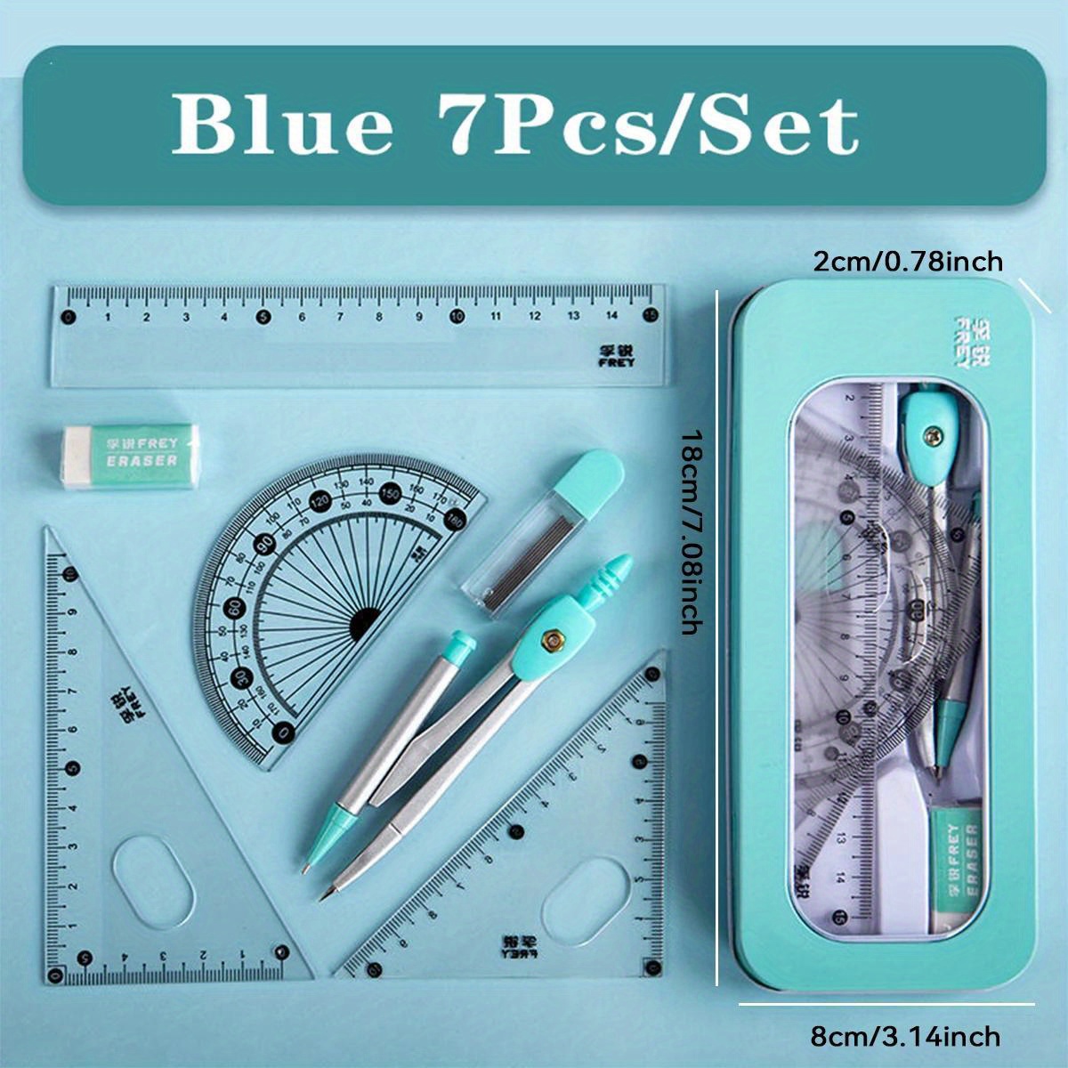 TEMU 7pcs Ruler Set Triangle Ruler Protractor Rubber Compass Student Stationery School Supplies Back To School Math Supplies
