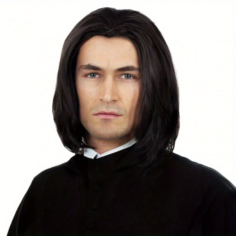 TEMU 35cm Black Wig Wig - Realistic Long Straight Hair With Bangs, Cap For Halloween Cosplay, Travel & Weddings, Costume Party Accessory, Wedding