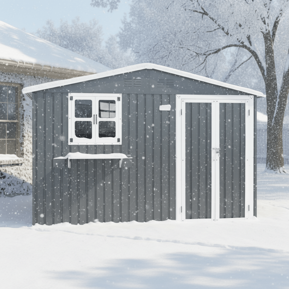 10x8 ft outdoor metal storage shed with window and flower rack lockable   tool shed waterproof weatherproof garden shed for backyard patio gray