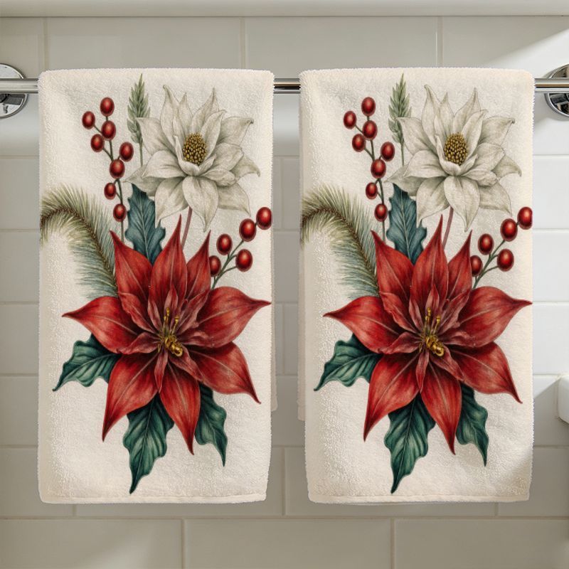 TEMU 2pcs Set Of Christmas Poinsettia Floral Hand Towels, Soft Polyester Absorbent Hanging Towels, Holiday Festive Bathroom Decor, Winter Seasonal
