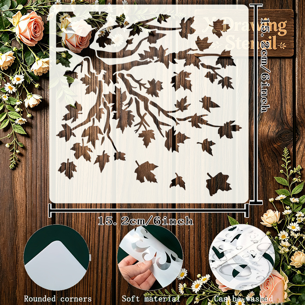TEMU Plantilla de pintura reutilizable de hoja de de otoño de 6X6 pulgadas - Creaciones artísticas con temática de bosque de otoño - de árbol de