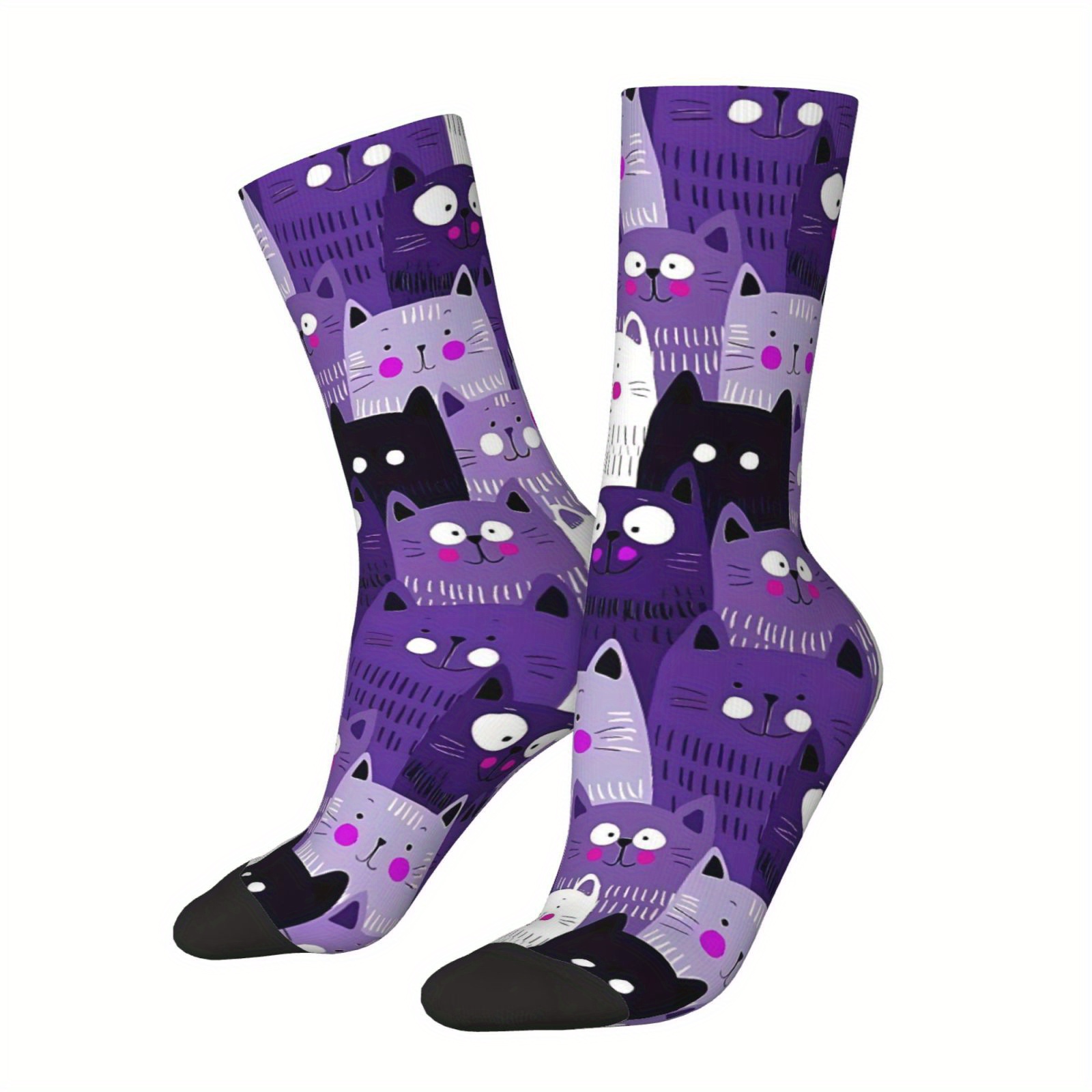 TEMU 1 Pair Unisex Outdoor Socks, Purple Cat Pattern Mid-calf Socks, Machine Washable, Suitable For , Comfortable And Breathable, Fashionable, Casual