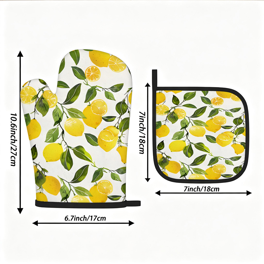 TEMU A Set Of 2 Lemon-patterned Oven Mitts And Pot Holders, Featuring Yellow- And Green Leaf Print Design With Black Trim. Suitable For Kitchen