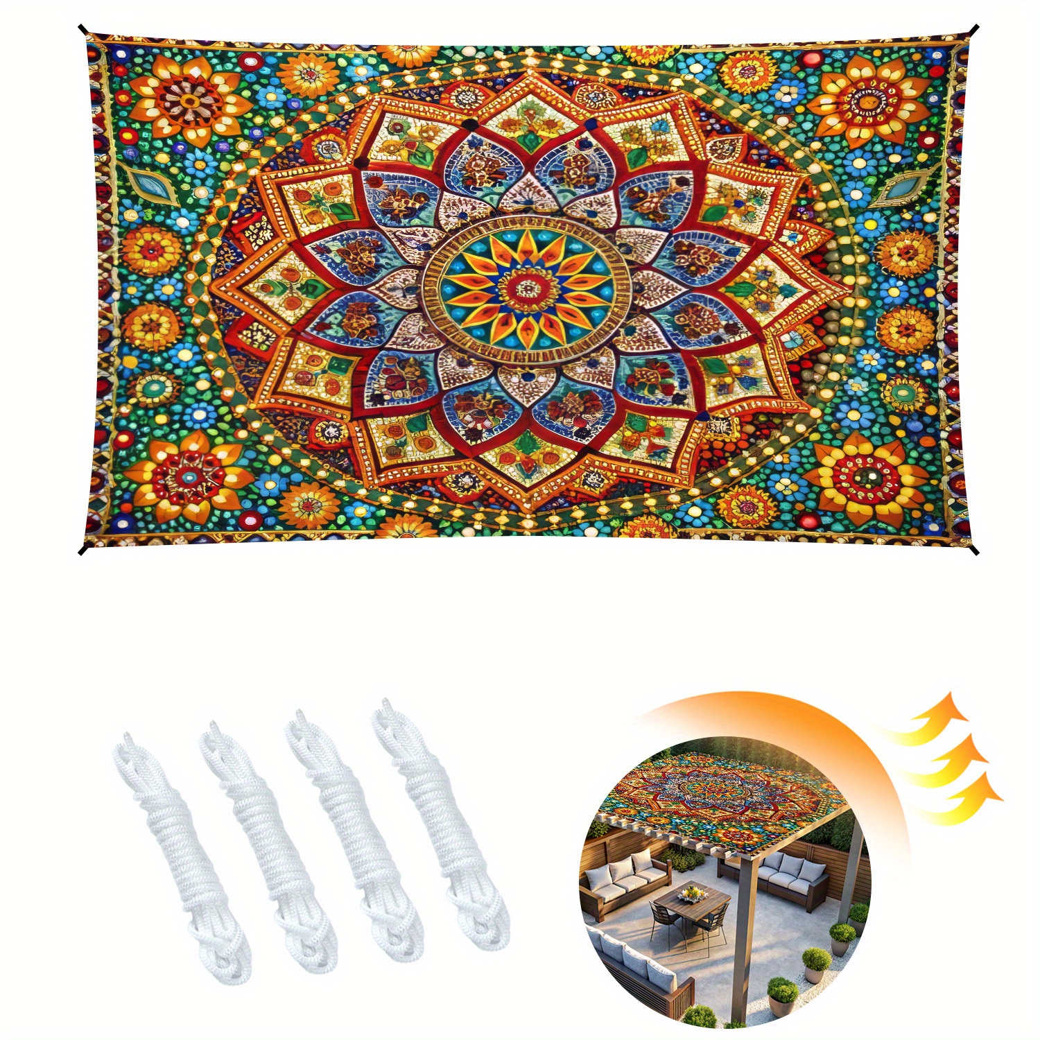 E-shop 1 Stück Outdoor Verdickter Sonnenschutz Baldachin im Boho-Sonnenblumenmuster, Langlebiges Outdoor-Gewebe für Garten, Terrasse, Pavillon, Strand,