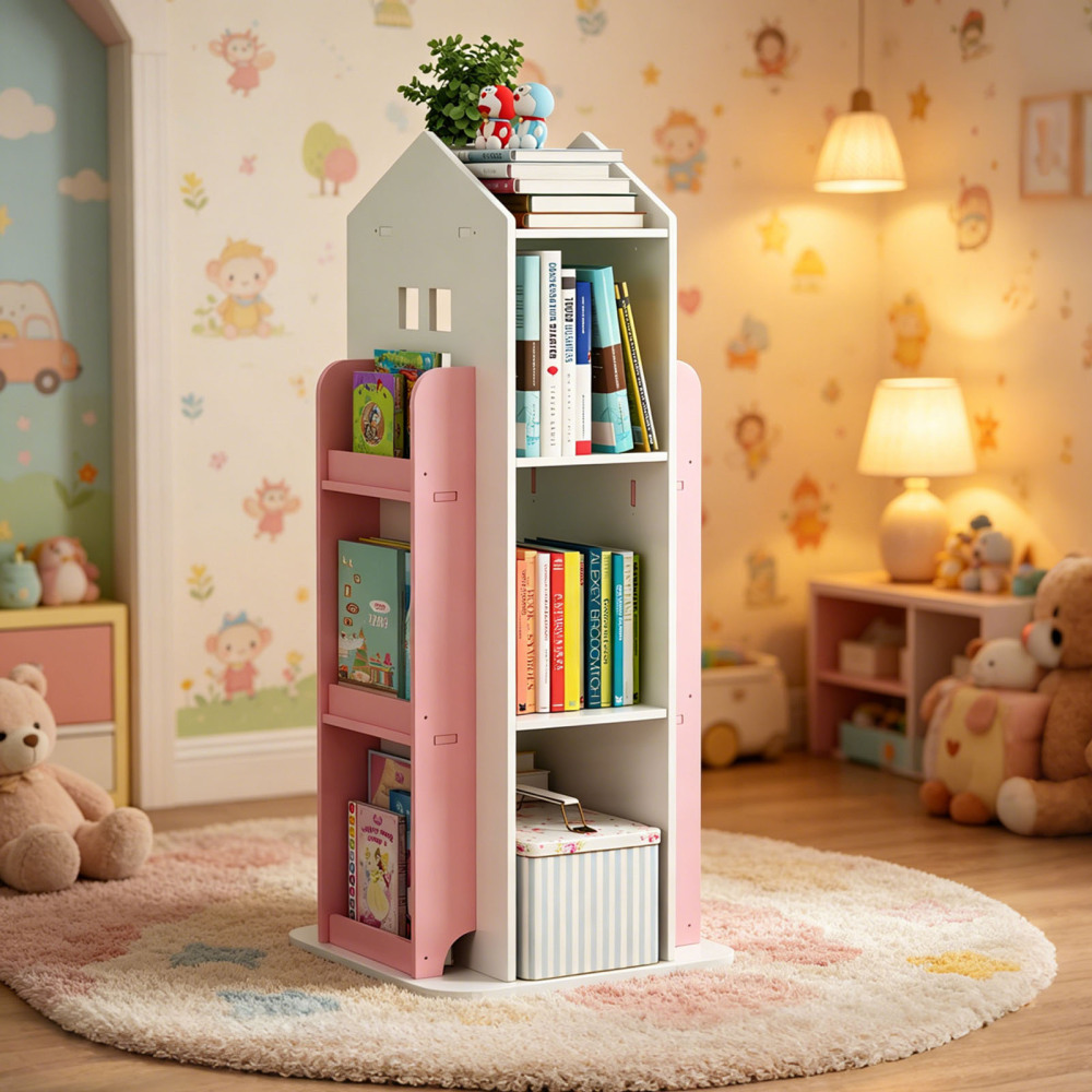 4-Tier Rotating Bookshelf, 360° Display Book Shelf, Floor Standing Bookcase, Children's Bookshelves for Bedroom, Living Room, Study Room ( WHITE Color)