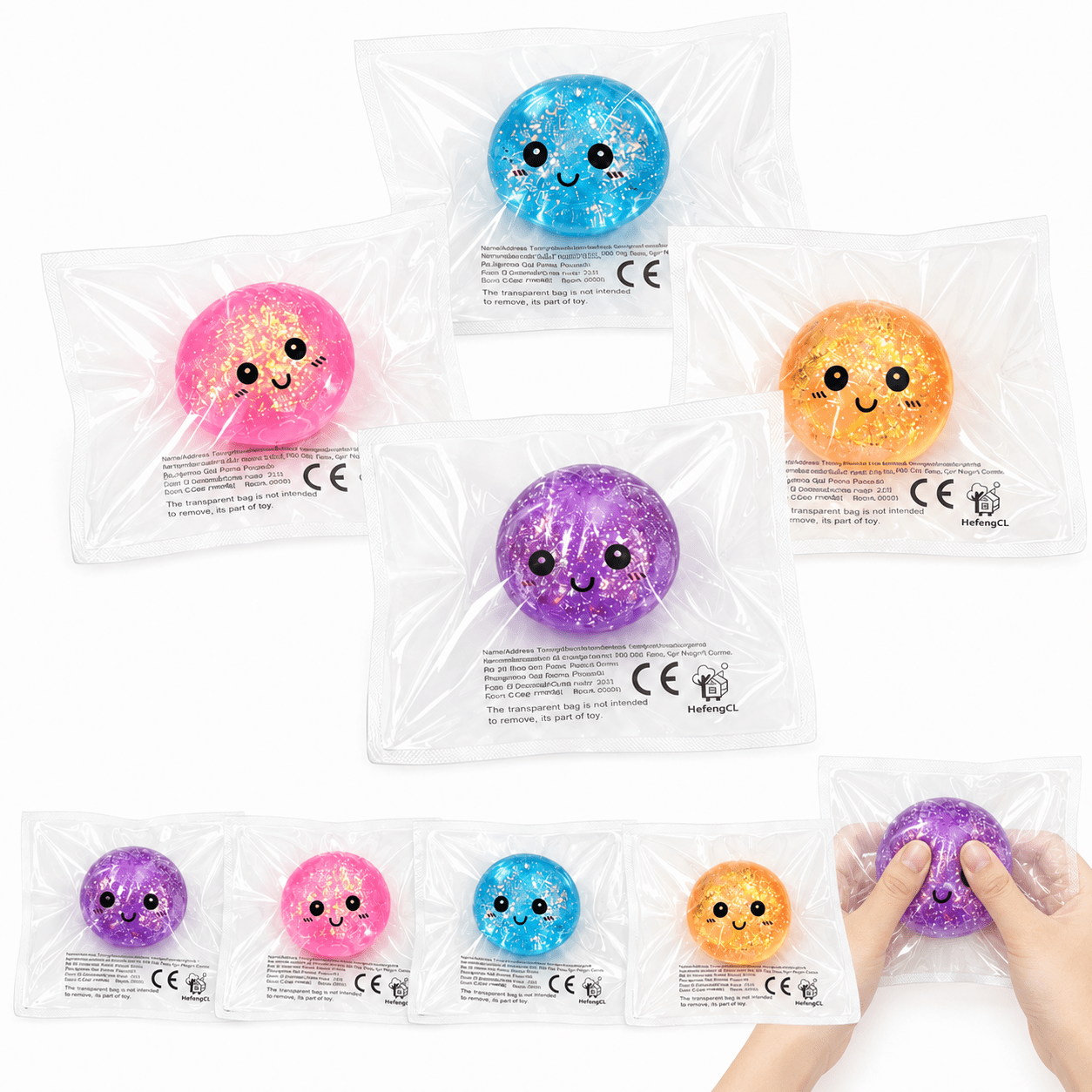 imagen del artículo   cl-2 piezas de juguetes para apretar y   con cara alegre de dibujos animados, bolas de gel   apretables creativas transparentes con   dorada  , colores aleatorios, carcasa transparente con   dorada   incrustada,  s y pegajosas con  