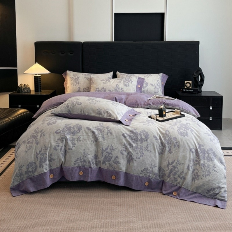 4-delige Nieuwe Stijl Originele Hennep Kussenhoes Beddengoed voor Dubbel Slaapzaal Bed, Vierdelige Set (1 Dekbedovertrek + 1 Laken + 2 Kussenslopen) Kasteeltuin - Paars