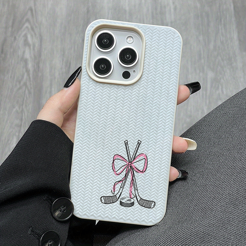 TEMU Phone Case: Cute Hand-drawn Hockey Stick With Pink Bow Pattern, Suitable For Tpu Material, Compatible With Iphone 17 Pro Max, Iphone 16 Pro Max,