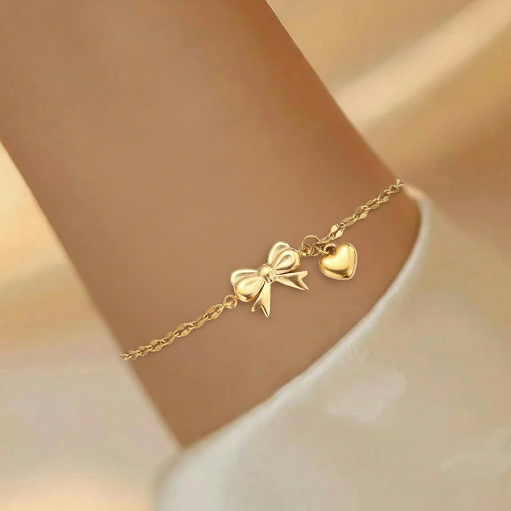 E-shop Schleifenförmiger Herz-Anhänger Edelstahl Armband, zarte texturierte Kette, Damenmode Schmuck. für den und süßen Styling, minimalistisch und