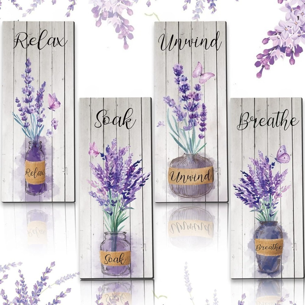 TEMU 4pcs Lavender Bathroom Decor Purple Wall Art 10 X 4in Purple Bathroom Accessories Boho Flower Picture Wall Bedroom Decor Farmhouse Wooden Sign