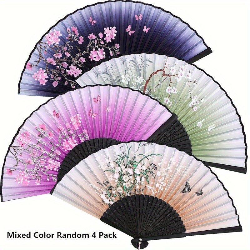 TEMU 4pcs Elegant Handheld Floral Fans, Mixed Colors (random), Foldable Bamboo Fans With Tassels, Hollowed-out Design, Fabric Sleeve - Ideal For