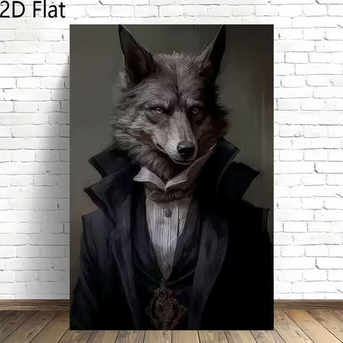 artikel foto 2d plat, 1 wolf in tuxedo antropomorf herenportret - lijstloos canvas wanddecoratie, vintage zwart-wit voor thuis, kantoor, bar decoratie - stijlvolle wolf in pak poster, /buitengebruik, perfect cadeau, 2d plat