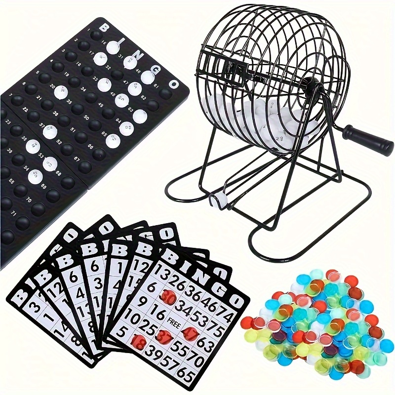 Jeu de bingo tambour en métal 18 billets de bingo 75 boules de bingo 150 jetons plateau de jeu + 500 cartes de bingo noir adultes enfants
