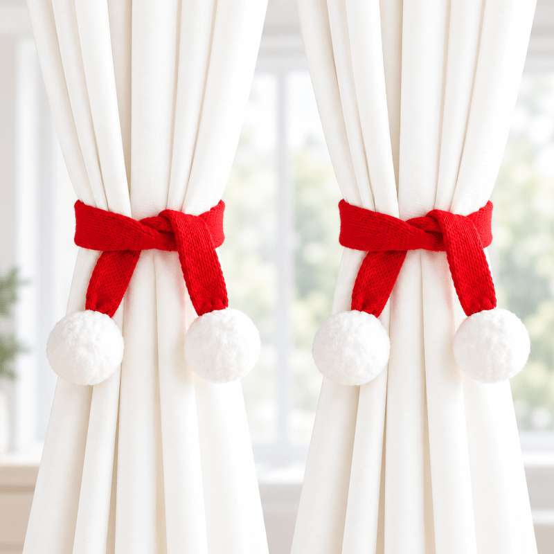 TEMU 2pcs Christmas Style Curtain Ties, Red And Green Scarf-style Curtain Decorations, Pom-pom Curtain Ties For Living Room And Bedroom Window