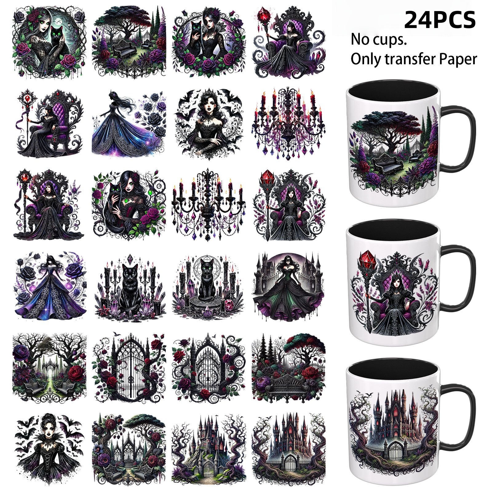 TEMU Uv Dtf Transfer Paper - 24pcs Gothic Princess Uv Dtf Mug, Suitable For Mugs, Glassware, Tables, Chairs, Computers, Etc., High- Uv Dtf Transfer