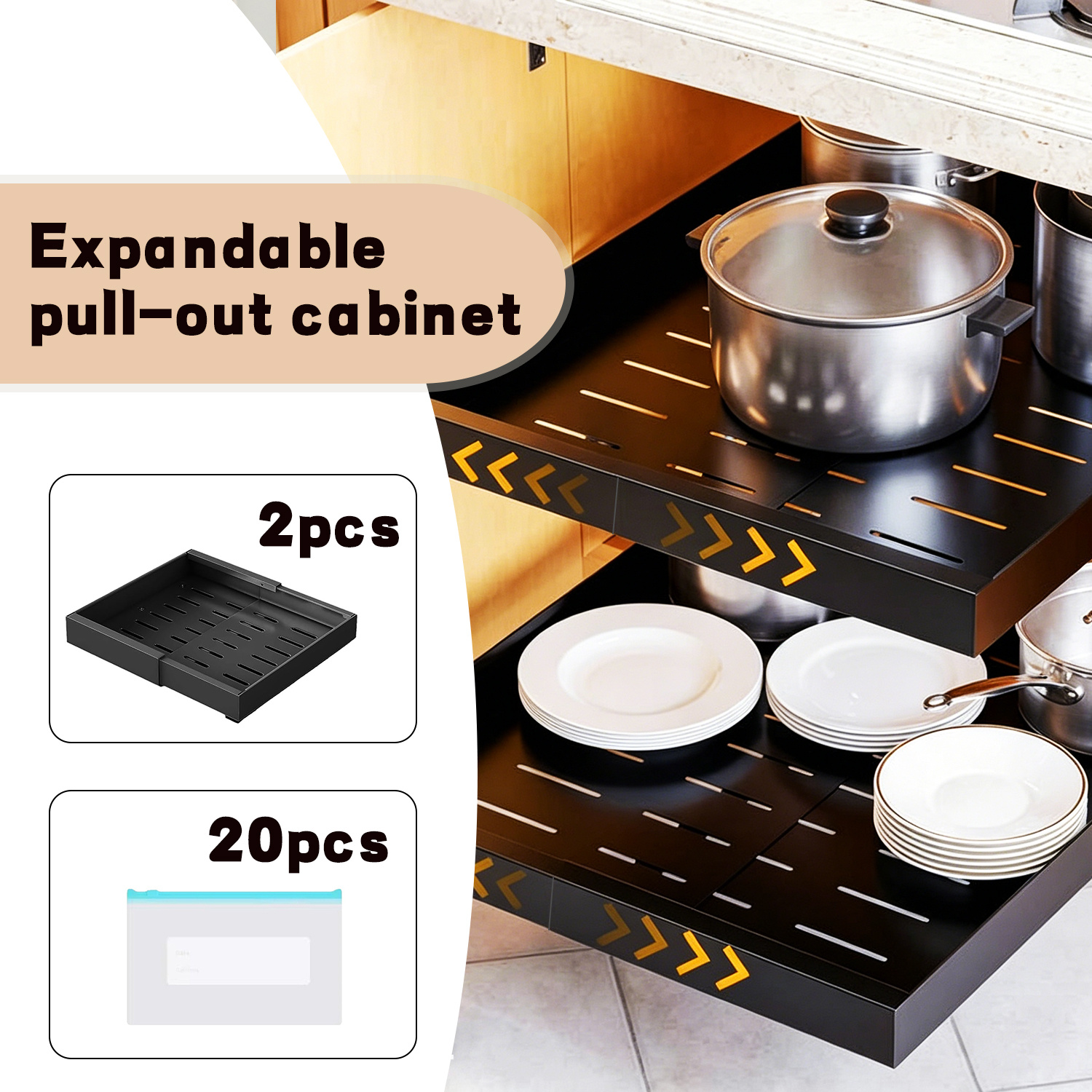 TEMU 2pcs Expandable Pull Out Cabinet Organizer, 42cm Deep Slide Out Drawers Fixed With 20 Storage Bag, Heavy Duty Pull Out Drawers For Kitchen
