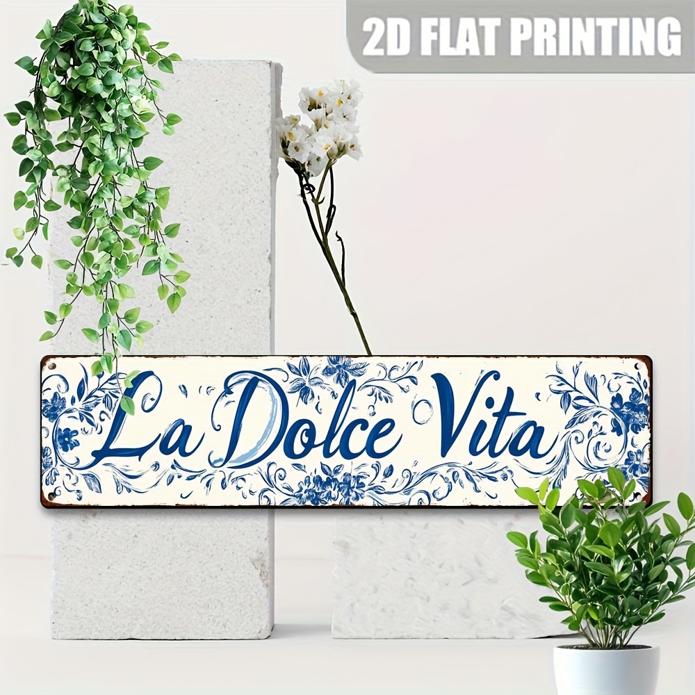 E-shop 2D Flat - 【2D Flat】 2D Flat - [2D Flat] 2D Flat, La Vita "Retro Holzschild, Elegantes blau-weißes Blumendesign, - Ideal für Zuhause, Garten oder