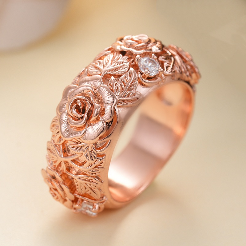 TEMU Bague rose stéréoscopique sculptée à l'artisanat de qualité supérieure, incrustation de feuilles et de fleurs, , or rose, pour femmes, banquet,