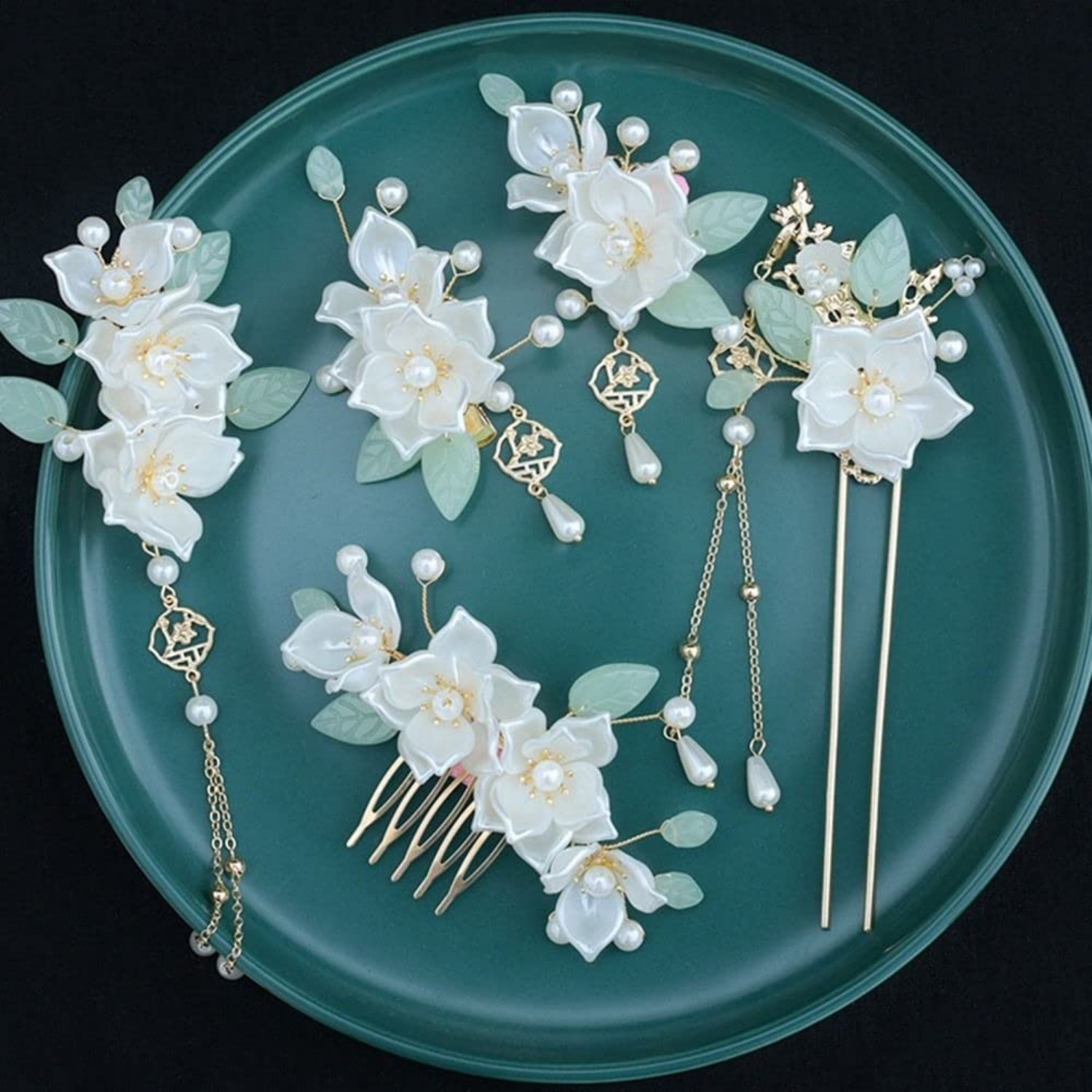 5pcs Camellia Flower Tassels Hair Pins Vintage Chinese Hanfu Bridal Accessories 5PCS Camellia Flower Tassels Hairpin,Pearl Hair Clips  main image 4