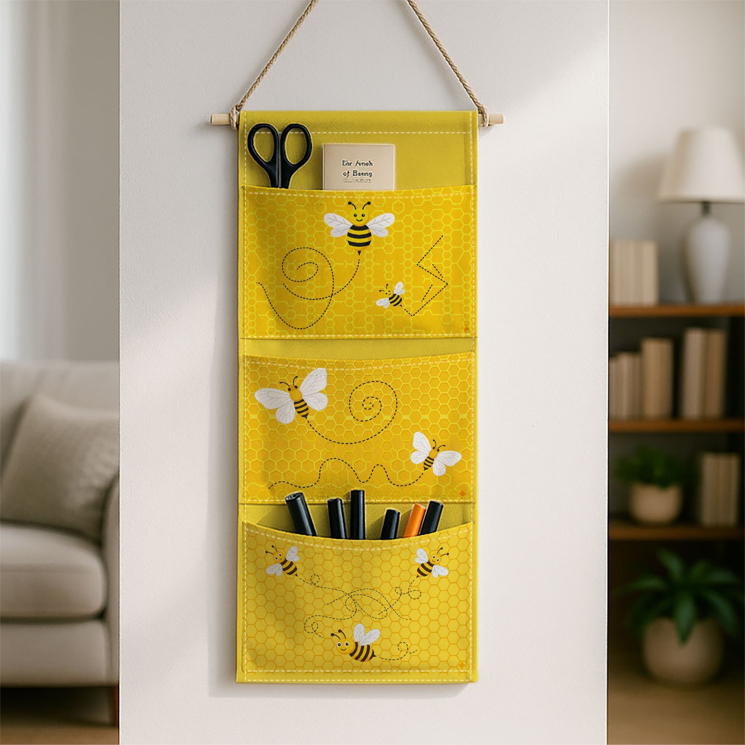 TEMU 1pc Cute Minimalist Nature Wall Hanging Storage Bag-multi-tier Hanging Storage Bag With Bee Insect Yellow Patterns, Space-saving Door/wall