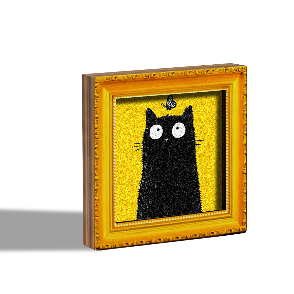 E-shop 1 Niedlicher Kühlschrankmagnet mit schwarzer Katze | Mini-Dekorationsbild aus Holz mit großen Augen und Schmetterling, leuchtend gelber