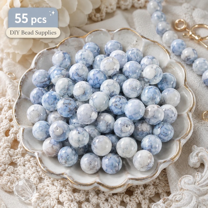 TEMU 55 pièces Perles Florales Tachées .zt - Translucides Brumeuses Adaptées au DIY, Perles Rondes Lisses avec Trou Traversant pour Bracelets, ,