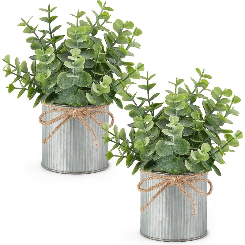 2pcs Small Fake Plants In Farmhouse Galvanized Pots Table Centerpiece Mini Faux Eucalyptus Potted Artificial Plants For Bathroom Shelf Room Rustic Home Decor