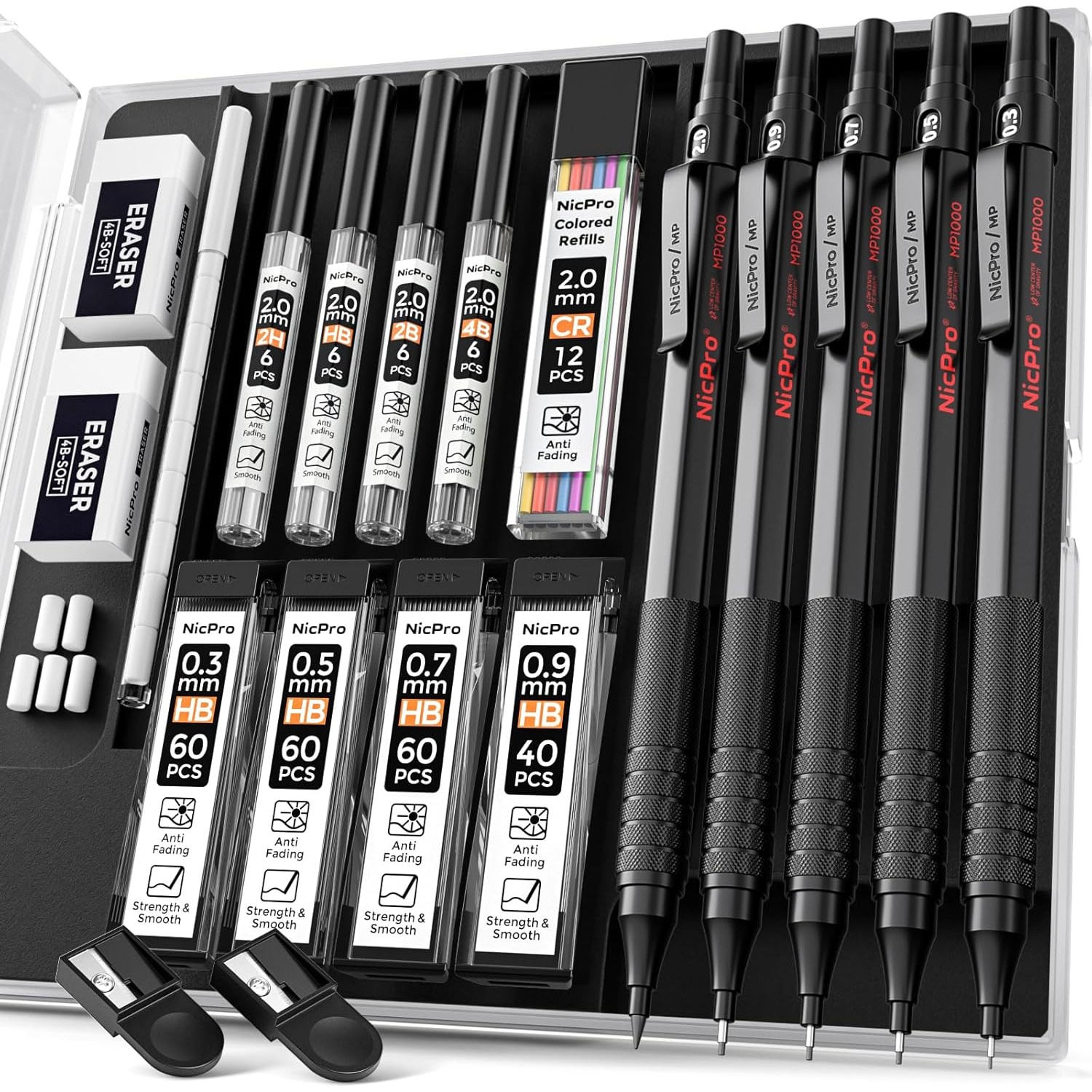 TEMU Art Mechanical Pencil Set, 5pcs Metal Drafting Pencils 0.3, 0.5, 0.7, 0. & 2mm Graphite Lead Holder For Sketching Drawing With 9 Tubes (4b 2b Hb