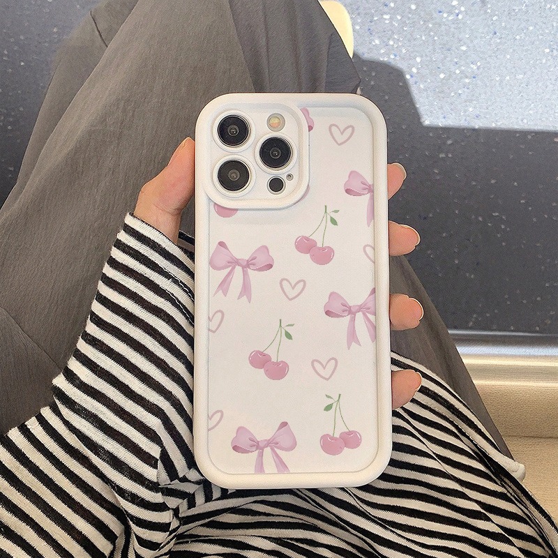 TEMU Phone Case - 1pc Pink Cherry Bow Trendy Brand Pattern Grooved Frosted Full-coverage Lens Tpu Phone Case Suitable For Iphone 17 16 15 14 13 12 11