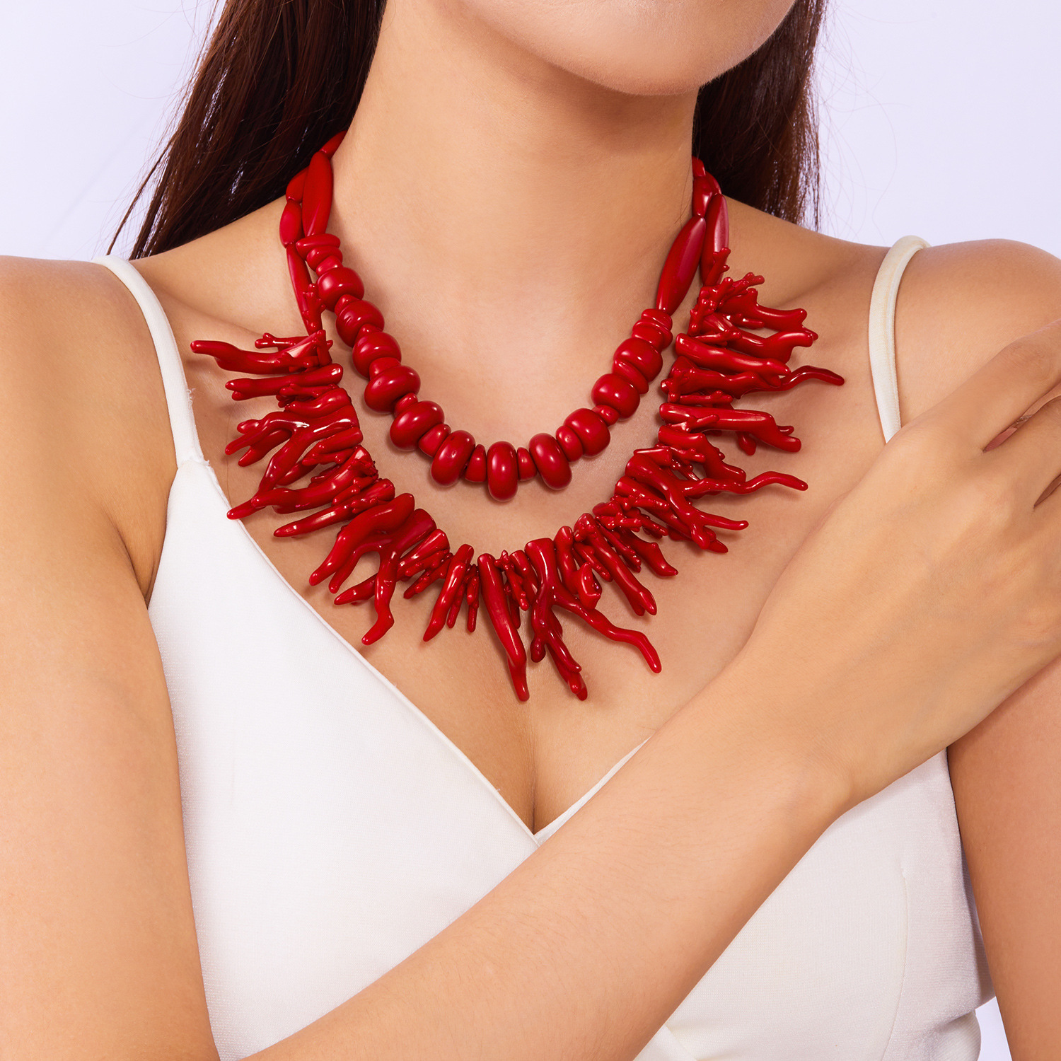 2pcs Red Coral Irregular Geometric Oval Bamboo Body Necklace