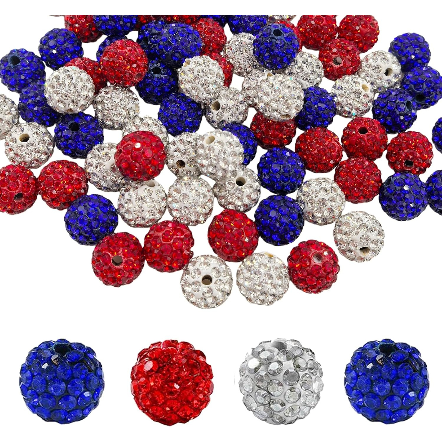 TEMU Perles de strass en colorée de 36 x 10 mm dans une palette de couleurs rouge, blanc et bleu, serties pavé avec disco ronde, perles d'espacement,
