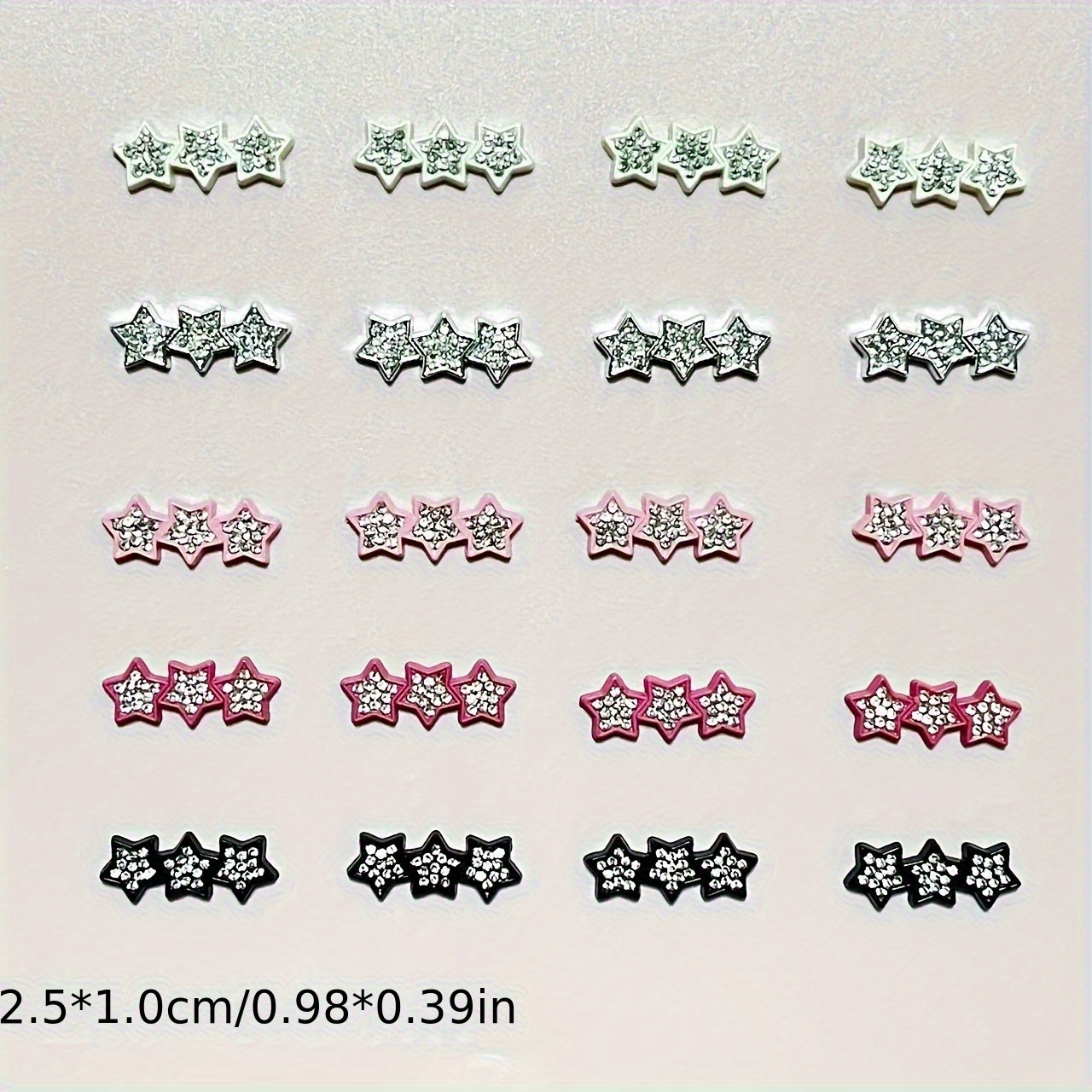 TEMU 20pcs Y2k Mini Rhinestone Charms - Pink, Black, White Stars And Pentagons With Flat Back For Phone Cases, Hair Clips, Jewelry - Diy Craft
