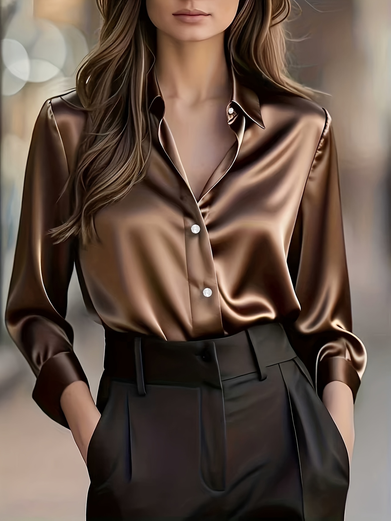 Brown Satin Silk Button Blouse