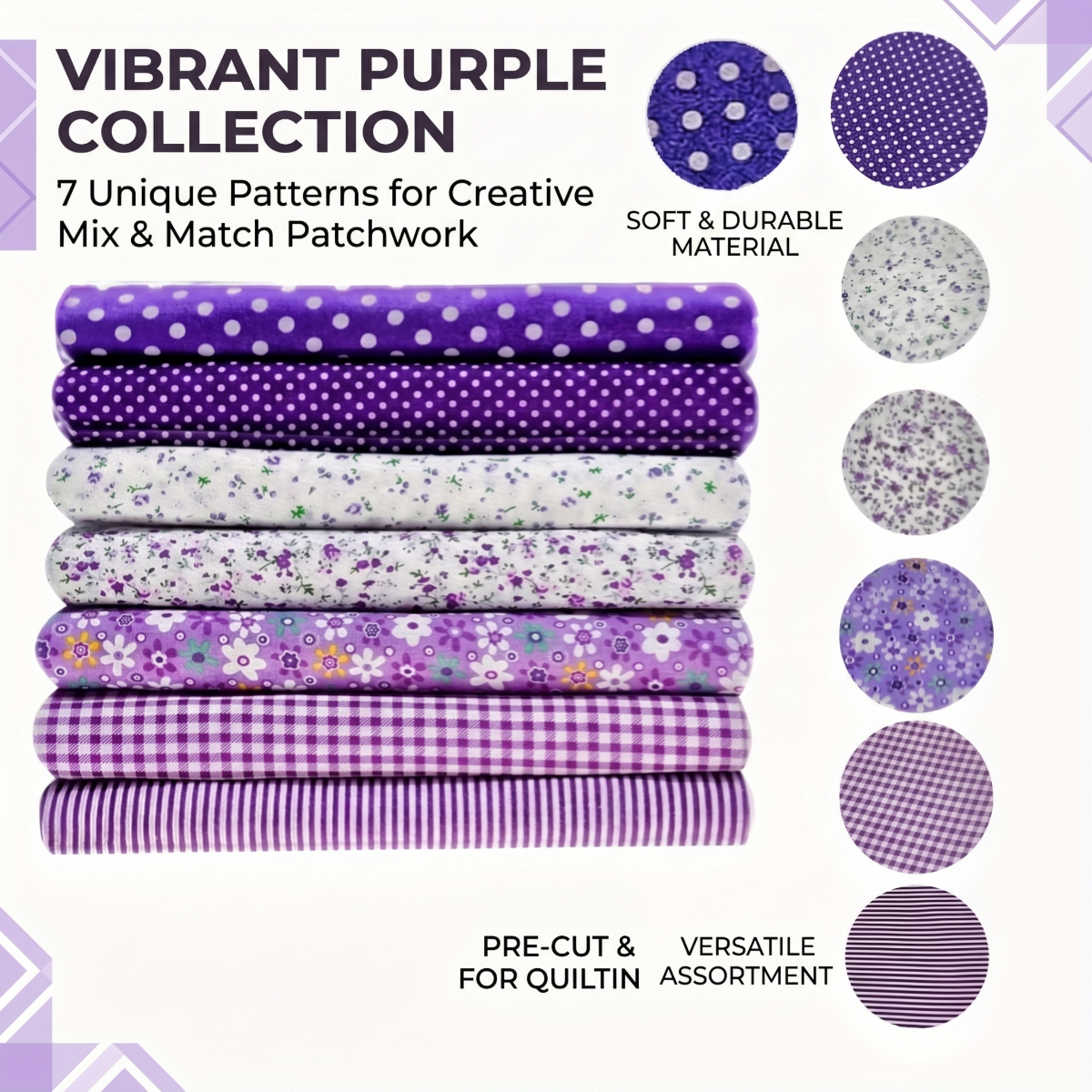 purple themed 7pcs floral polka dot assorted quarter yard pre cut pack hand washable quilt fabric suitable for sewing quilting and  