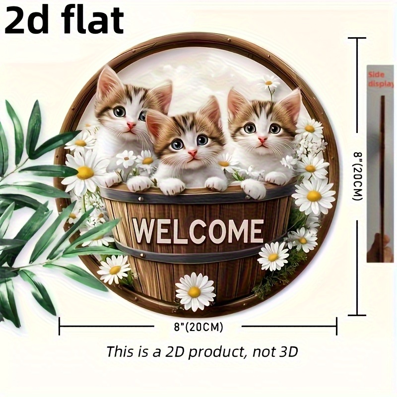 E-shop 2D Flach, 2D Flach 1 Stück Retro Katzenliebhaber Holz Willkommensschild, 20x20cm/8x8 Zoll Rundes Boho Kranz Wanddeko für & Terrasse, Dekoration