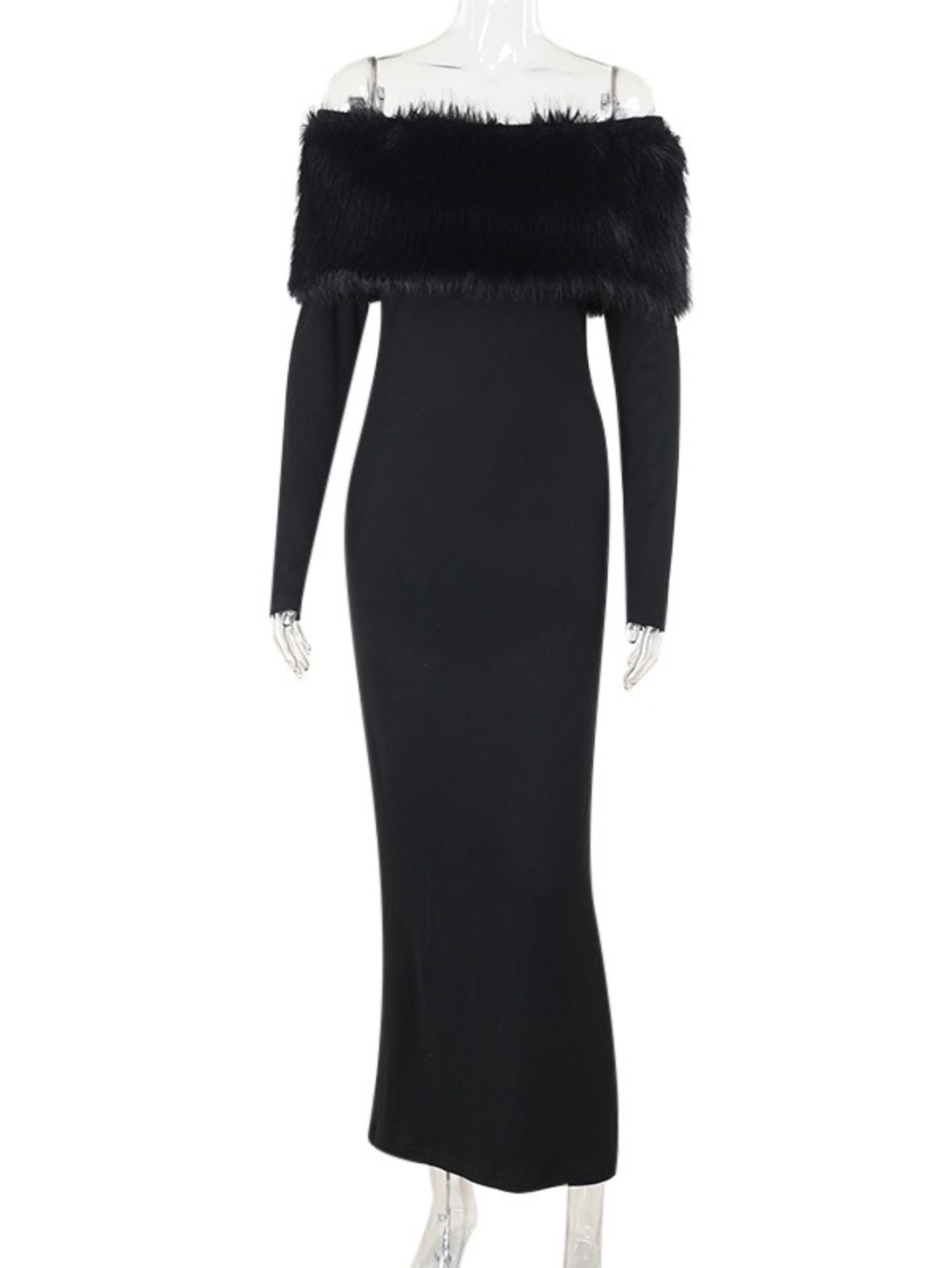 formal dress with fur Full Sleeves Fur Lace Prom Gown with Deep V Neck