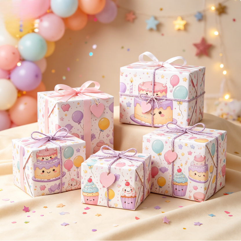 TEMU 43X300Cm Geschenkpapierrolle für Feiern, 17X118.1 Zoll, Weiches Pastell Ballon Stern Konfetti Muster Matte Geschenkverpackungspapier, Einfaches