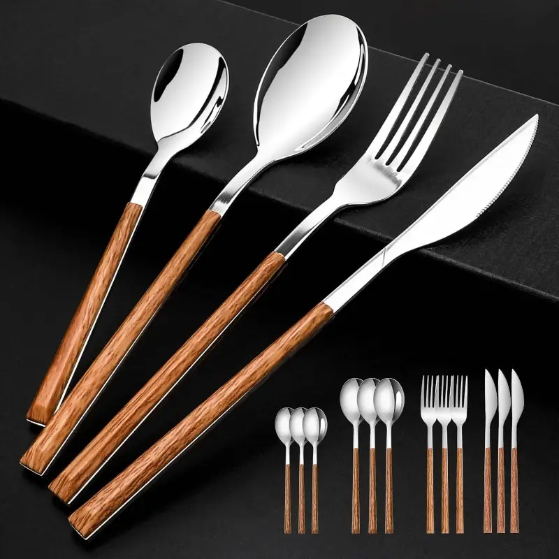stainless steel flatware set 4 cutlery utensils set with simulated wooden handle knives forks spoons service 4 polished and dishwasher safe silvery stainless steel cutlery set cutlery set stainless steel cutlery portable cutlery set stainless steel cutlery home dining dining essentials stylish utensils elegant cutlery steel rustresistant flatware collection knife set dinner parties outdoor dining Product details 0