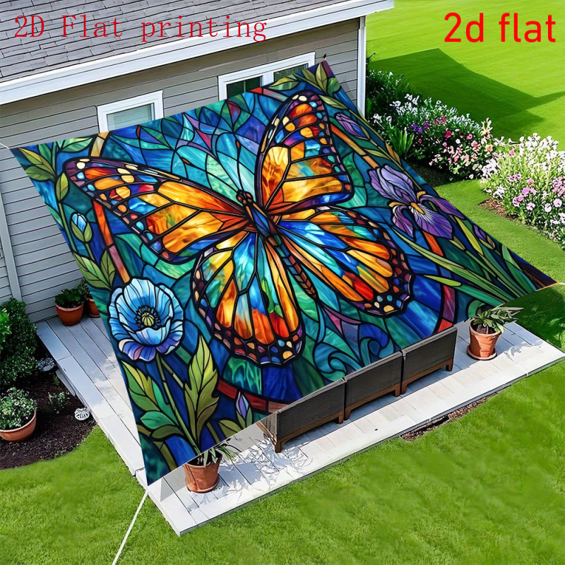 TEMU 2d Flat Print, 1pc, Outdoor Sunshade, Stained Monarch Iris Poppy Design Patio, Garden, Cafe, Camping - Durable Weather-resistant Fabric