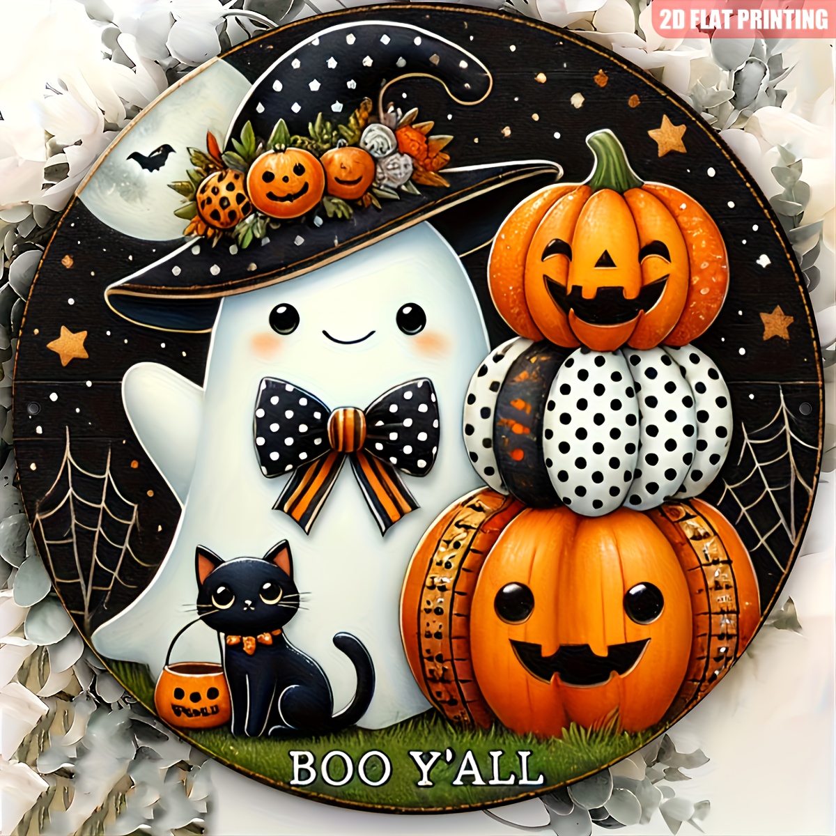 TEMU 2d Flat, 1pc Wooden Printed Flat Design Retro Halloween Wooden Wall Decor, Round Wrought Iron Style Wooden Pumpkin And Wall Art With Bats,