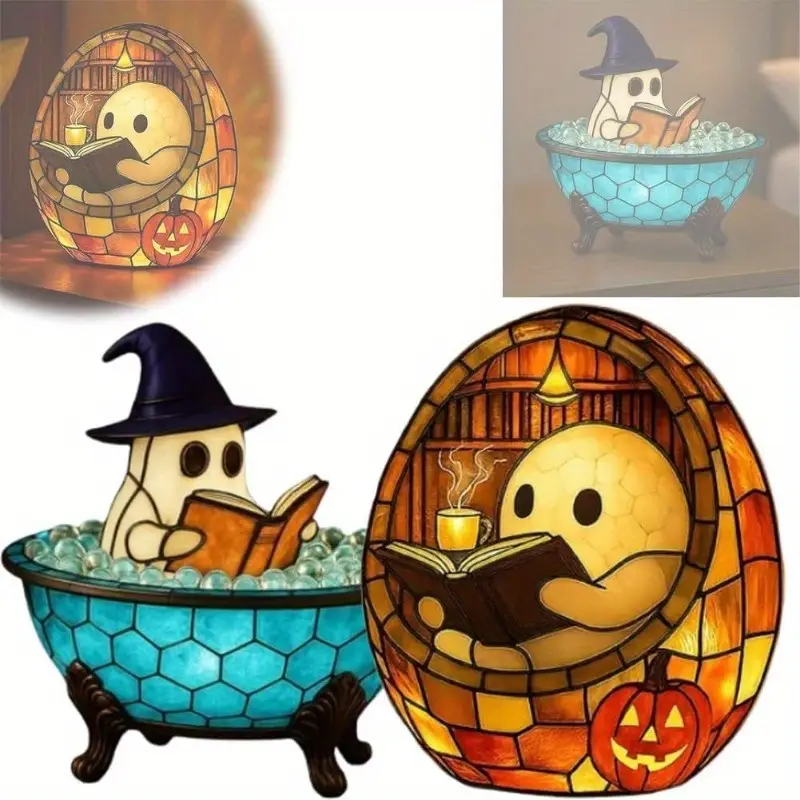 cute reading bubble night light halloween decoration with book lantern battery free tabletop shelf fireplace decor spooky for home parties gifts durable resin construction indoor outdoor use halloween party centerpiece or year round decoration shelf accent piece design detailed sculpture decorative lamp Product details 1