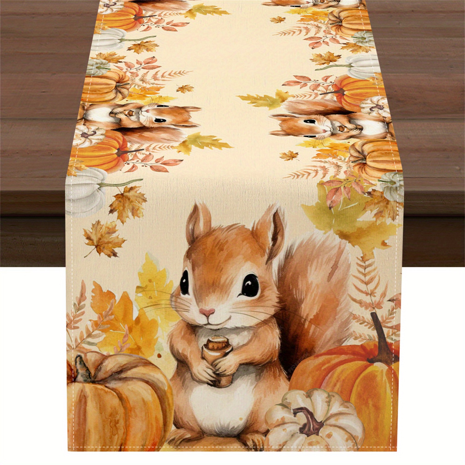 1pc Hand-painted Pumpkin Squirrel Branches Table Runner Fall Thanksgiving Day Decorations For Farmhouse Kitchen Dining Home Party Decor