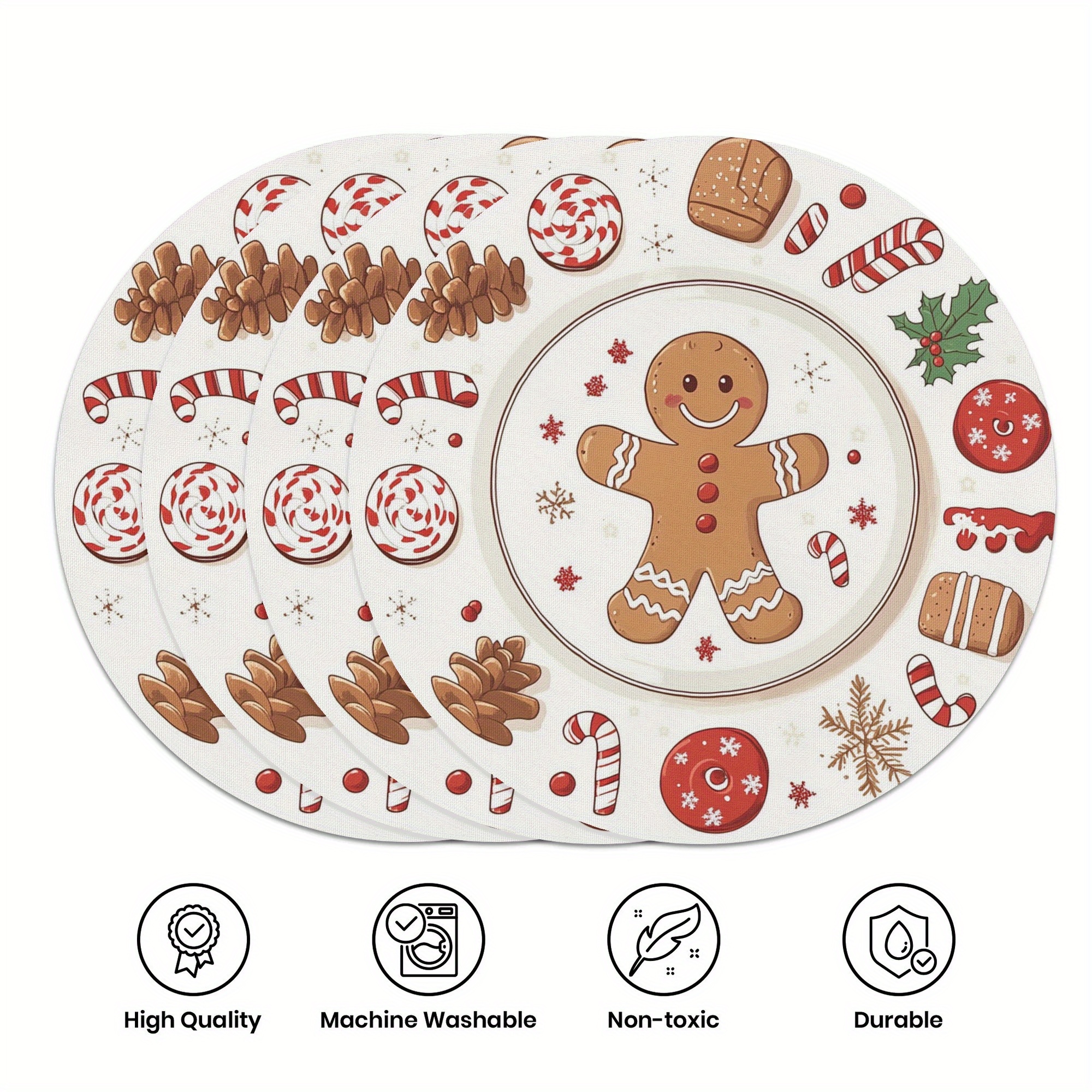 

4- Christmas Placemats, 15" Table , Man And Treats , Washable, Non-toxic, For And Restaurant Use