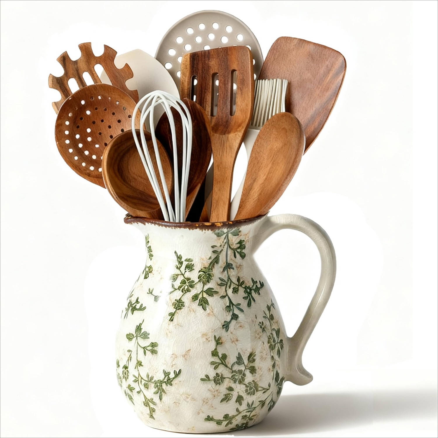 Ceramic Utensil Holder For Kitchen Counter, 6.1 Inch Rustic Cooking Utensil Holder, Decor Countertop Organizer Crock For Flower Pot, Spoons And Kitchen Tools