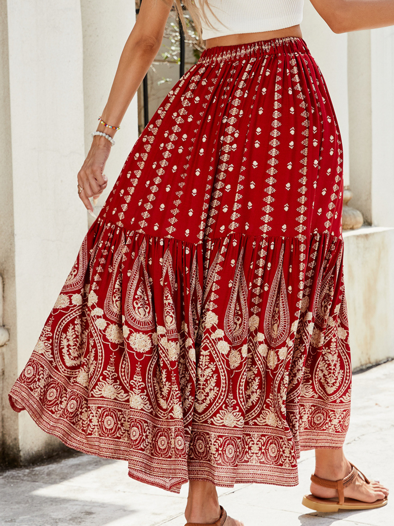 Women's Midi Skirt Exotic Bohemian Full Swing Beach Elastic Waist Pleated Layered Intricate Print Soft Comfortable Warm Fashionable Trendy Vacation Style Summer Daily Beach Date Going Out Women's Wear